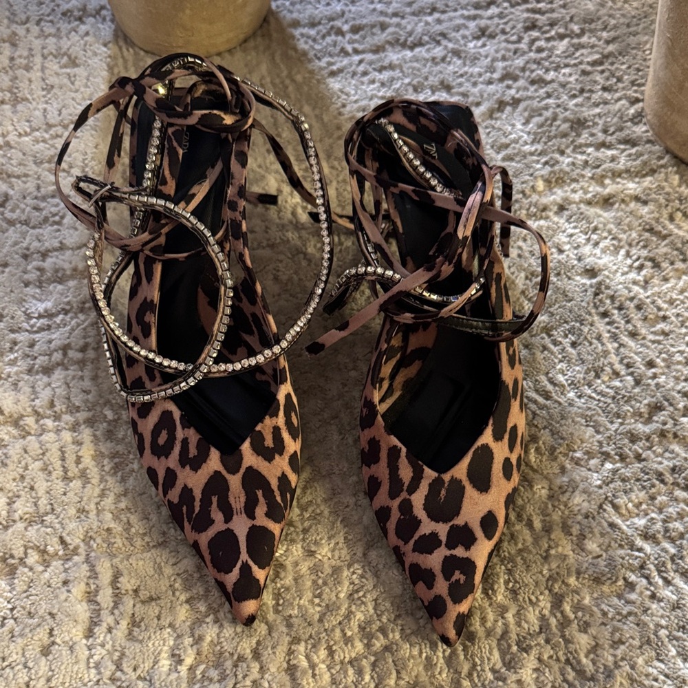 Leopard Print Women's Shoes with Rhinestone Straps